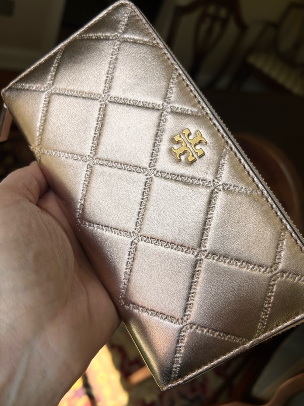Tory Burch Quilted Metallic Zip Continental Wallet - Rose Gold